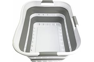 SAMMART 42L Collapsible Plastic Laundry Basket - Foldable Pop Up Storage Container/Organizer - Transportable Washing Tub - Space Saving Hamper/Basket (1, Grey/White)