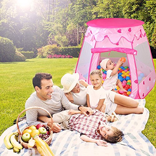 Baby Play Tent, GIM Kids Pink Princess Play Tent Castle with 100 PCS Ocean Balls Foldable Popup Balls Play Tent Playhouse Indoor Outdoor (Pink, 47 * 35 Inch)