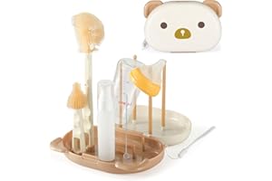 INSIMHEART 6 in 1 Baby Bottle Brush Set with Silicone Brush, Nipple, Straw, Soap Dispenser, Drying Rack and Storage Box - Portable Cleaner Kit for Travel and Home, White