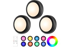 WUYOR Wireless Under Cabinet LED Lights, 16 Colors, RGB Brightness Adjustable with Remote Control, 3 Packs Black