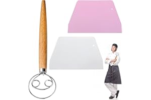 COGNITIVEX 3 Pcs Long Wooden Handle Bread Dough Mixer and Scraper - Stainless Steel Easy Whisk for Dough and Cake Making