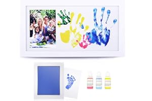 NWK DIY Family Photo + Family Hand/Footprints Kit with 44cm X 23.8cm Elegant White Wood Picture Frame, Ink Pad, Non-Toxic Watercolor Paints, Mother’s Day Gift