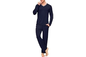 MoFiz Ropa de Dormir para Hombre Conjuntos de Pijama Manga Larga de Invierno 2 Piezas Ropa de Dormir Camisa Cuello en V y Pantalones Largos Suaves