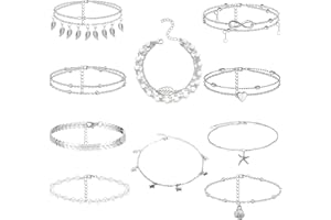 NMBCH Bracelets De Cheville Femmes Argent Ensemble, 10 Pièces Bracelets Cheville Plage Cheville Réglable, Chaînes De Cheville Boho, Argent Bijoux Pied Set Pour Femmes Filles