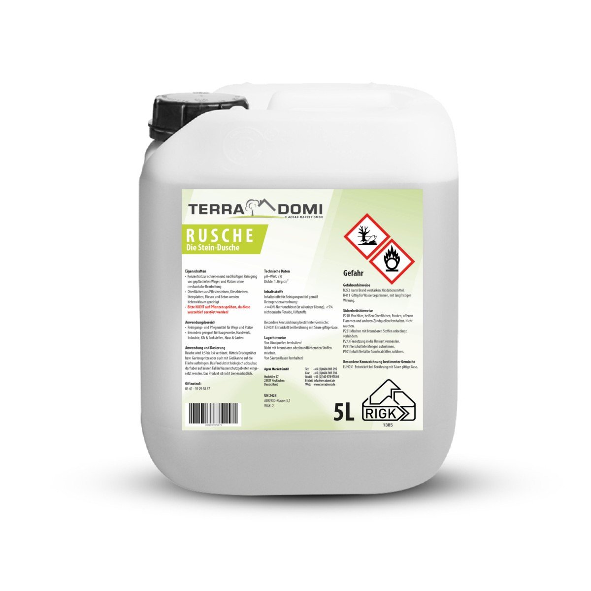 Terra Domi Rusche Steindusche, 5 L Konzentrat, Steinreiniger für bis zu 2000 m², Reinigungsmittel für saubere Wege & Plätze, Wegerein, biologisch abbaubar
