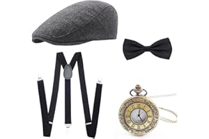 Wagoog 1920s Herren Accessoires, Mafia Gatsby Kostüm set Inklusive Panamahut Verstellbar Elastisch Hosenträger Herren Halsschleife Fliege und Vintage Taschenuhr