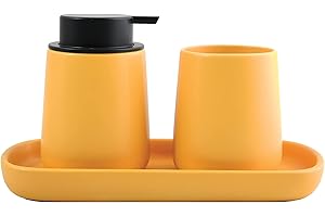 MSV Badezimmer Set, 3-teiliges Badzubehör aus Keramik Maonie Seifenspender, Badablage für Schmuck und Zahnputzbecher Safran Gelb
