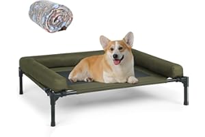 MFOX Cooling Elevated Dog Bed with Bolsters, Raised Outdoor Dog Bed for Smal Dogs | No-Slip Rubber Feet | Washable & Breathable Mesh | Most Suitabie for Sleeping - Green (90 x 65 x 18cm)