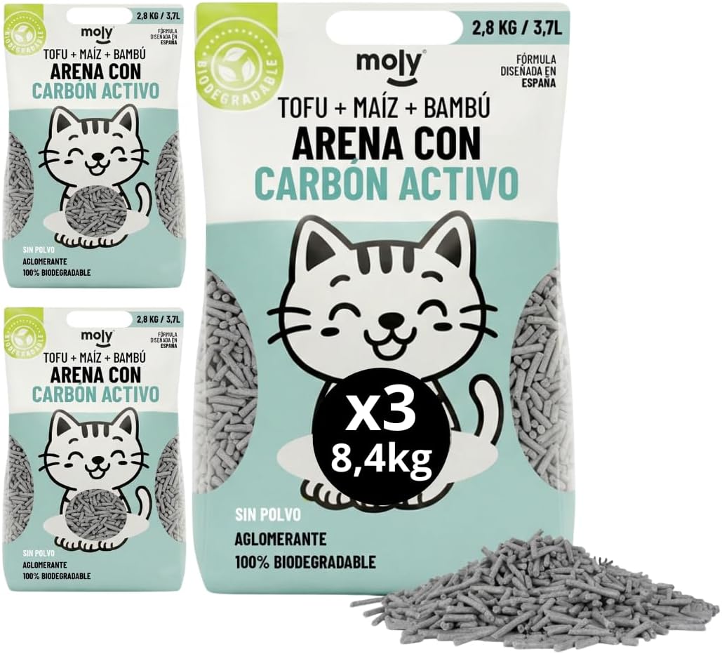 MOLY x3 Arena para Gatos Carbón Activo Biodegradable 8,4 KG 11,1 L | Arena Ecológica Vegetal de Bambú y Maíz Aglomerante | Alta Absorción y Bajo Polvo | Lecho Natural Compostable | Control de Olores