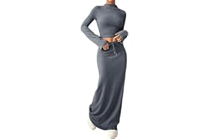 Mesalynch Women Y2K 2 Piece Co Ord Outfits Set Solid Colour Maxi Skirt Set High Turtle Neckline Long Sleeve Tunic Top Tube Top High Waist Skinny Long Skirt Bodycon Club Street Suiting Outfits