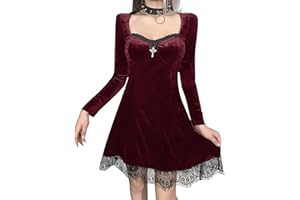DINGJIUYAN Steampunk Dress Women Halloween Gothic Mini Dresses Velvet Long Sleeve Square Neck Wedding Guest Dress