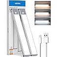 HIBOITEC 65 LED Wardrobe Lights Motion Sensor, Dimmable Battery Cupboard Lights 2500mAh Rechargeable Wireless Closet Lights for Drawer, Kitchen, Hallway, Silvery, 3 Color Temperatures, 33.5 cm