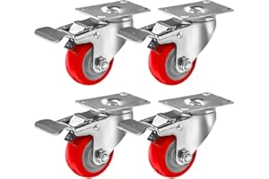 ONLINE BEST SERVICE OBS 4 PCS 75mm up to 1000KG Heavy Duty Red PU Swivel Castor Wheels with Brakes for DIY, Furniture Trolley Wheels Double Ball Bearings Swivel Head No Floor Marks Silent Caster