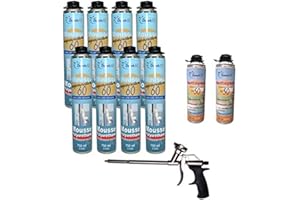 DSTOCK60 - LOT DE 8 MOUSSES PISTOLABLES + 1 PISTOLET + 2 NETTOYANTS - MOUSSE EXPANSIVE 750 ML - MOUSSE POLYURÉTHANE PROFESSIONNELLE - ISOLE, COLLE ET REBOUCHE - EXTÉRIEUR ET INTÉRIEUR