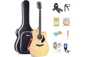 Rosen Solid Top Gitarre Dreadnought Akustikgitarre 41 Zoll Fichtengitarre Einsteiger westerngitarre Bundle mit Buch, gepolsterter Tasche, Saiten, Plektren, Stimmgerät, Gurt, Poliertuch, natur