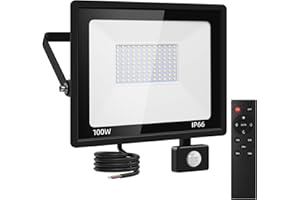 papasbox Foco LED 100W con detector de movimiento exterior | Foco reflector para exterior con sensor de luz con mando a distancia | resistente al agua IP66, blanco frío, 6500K, para jardín, garaje