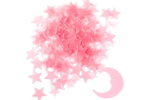 TWERUNA Glow in The Dark Stars,100 Stars & 1 Moon Pink Glowing Wall Stickers with Adhesive Pads, Plastic Luminous Fluorescent Ceiling Decor, 3D Glowing Star for Kids Room Decor, Christmas Stocking Stuffers