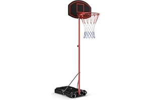 COSTWAY Panier de Basket-ball Portable sur Pied, avec Panier Réglable en Hauteur 158-218cm, Arceau Φ39cm, 2 Roues, Filet en Nylon, Panneau Arrière Incassable et Base Lestable, pour Intérieur/Extérieur