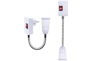 LAKONEI 2 Pezzi Portalampada E27 con Interruttore e Spina EU, Convertitore Portalampada con Presa Elettrica Flessibile Girevole 360°, Parete Convertitore di Lampadine E27 Presa di Luce Adattatore per Salotto