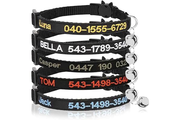 Collier de Chat personnalisé Breakaway avec Bell, Boucle de libération de sécurité de Collier de Chat personnalisé, nom d'identification brodé sur Le Collier de Chaton avec Bell (Black)