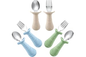 PandaEar Baby Toddler Fork and Spoon Utensil Set, 6 Pack Silicone Stainless Steel Silverware Spoon Fork for Babies Toddler, B