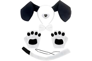 XNIVUIS 5 Piezas Juego de Disfraz de Perrito Blanco Negro,Juego de Disfraz de Perro Orejas de Perro Diadema Guantes Pajarita,Disfraz Carnaval Perro Cosplay Fiesta Animal Regalo
