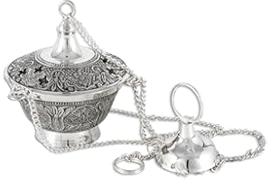 NKLaus bruciatore d'incenso in ottone antico placcato argento con catena lunga 20cm carboncino d'incenso 2222