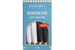 JUST CUTTERS Pack of 4 x 19g Writing Icing Tubes | Ready To Use | Instant Icing Pens for Writing, Drawing & Personalising Cakes, Biscuits & Baking (White/Black)