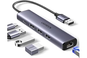 UGREEN USB Hub Ethernet, 5 in-1 Gigabit USB 3.0 Network Adapter with an RJ45 LAN Internet Port & 3 5Gbps USB 3.0 Ports & a Type C Power Supply for Macbook, iMac, Surface, Notebook, Drives, Mobile HDD