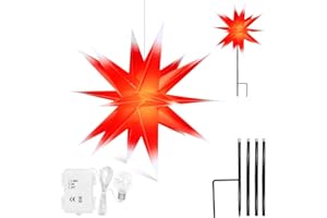 ‎QIJIEDA Qijieda 3D Weihnachtsstern Beleuchtet Außen Batterie mit Timer - 58cm led Weihnachtsstern für Fenster, Adventsstern Stern Zum Dekorieren von Innenhof, Balkon Und Garten (Red-White, 58cm)