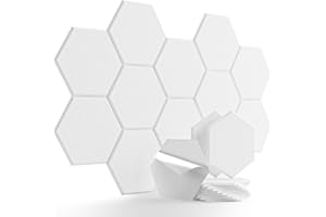 FLOWERUN Pack of 12 Hexagon Acoustic Panels, Self-Adhesive, Foam Sound Absorber for Sound Insulation, Acoustic Panels, Wall Panels for Noise Reduction in Studio, Office, Music Room (White)