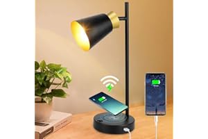 Depuley Lampa stołowa LED czarna ze złotem, obrotowa, 10 W, QI, bezprzewodowe ładowanie i złącze USB, bezprzewodowa ładowarka, lampa biurkowa w stylu retro, do biura, nauki czytania
