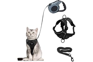 QKTYB Set di pettorina e guinzaglio per gatti, a prova di fuga, con guinzaglio retrattile per gatti, 5 m, estensibile automaticamente, per cani, cuccioli e animali domestici (nero, L)