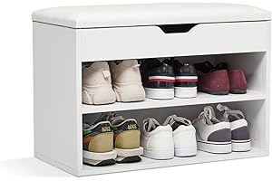 Mondeer Szafka na buty, ławka na buty z siedziskiem z drewna, 60 x 30 x 43 cm, regał na buty z ławką do siedzenia na 8 par butów, kolor biały