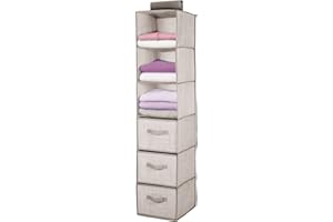 mDesign Organizador de armario colgante de fibra sintética – Práctico colgador de armario con 3 estantes de tela y 3 cajones para dormitorio – Ideal para organizar armarios – gris claro/marrón claro