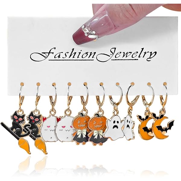 Boucles D'oreilles Halloween - Lot De 6 Paires - Motifs Citrouille, Araignée, Fantôme, Corbeau - Alliage - Pour Déguisement - 10