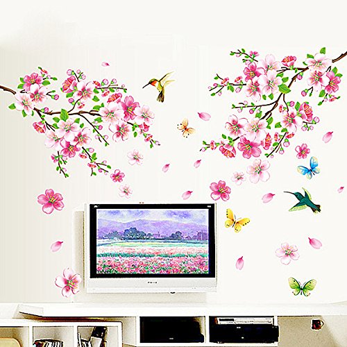 Qianxing abnehmbares wiederverwandbares schöne Baum Blume Blätter und Vögeln Serie Wandbild mehrfarbiges Wallsticker Wandtattoo Aufkleber für Sofa und Fernsehen im Wohnzimmer Deko Wandpapier(Blumen und Vogel)(110*120)