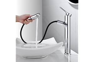 DETBOM Rubinetto Bagno Alto con Doccetta Estraibile a 2 Modalità, Miscelatore Lavabo, Rubinetti Monocomando, Adatto Lavabo da Appoggio, Aeratore Rimovibile, Acqua Calda/Fredda, Senza Piombo, Cromato
