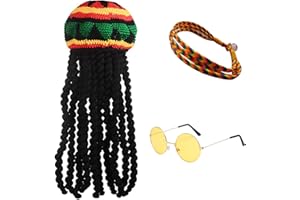 LSYYSL 1 sombrero largo trenzado, 1 par de anteojos y 1 pulsera trenzada, gorra de peluca trenzada negra, accesorios de disfraces para fiestas, cosplay