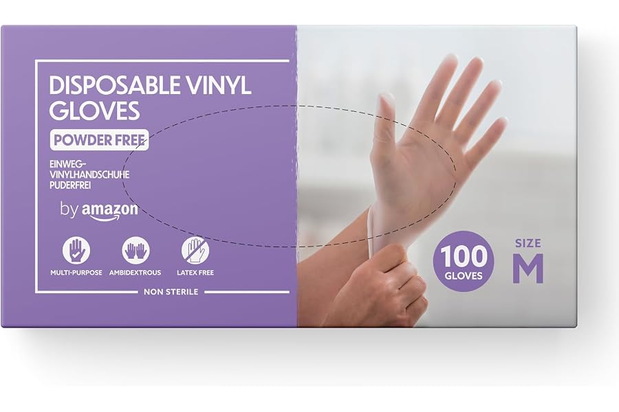 by Amazon Guantes Desechables de Vinilo, sin Polvo, sin Látex, Talla M, Paquete de 100