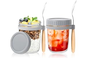 HYCKee Overnight Oats Jars With lids and Spoon 2 PACK,12oz/350ml Glass Mason Jars for Overnight oats with Measurement Mark, Airtight Jars for Milk, Cereal, Fruit Storage