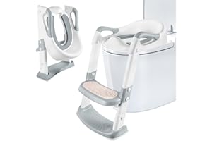 AQXONG Deska sedesowa dzieci ze schodami, trener toaletowy dla dzieci, deska sedesowa z podkładką PU, regulowana wysokość i składana - Szary Biały