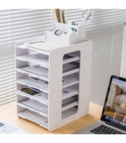 Organizer Scrivania A4 A 5 Livelli - Con Portapenne, In Legno-Plastica Bianco - Per Ufficio, Scuola, Casa