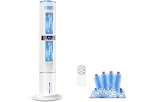 LOFRRITP Klimaanlage Mobile Klimagerät Turmventilator Luftkühler mit Wasserkühlung Klimaanlage Ohne Abluftschlauch 65W Ventilator Verdunstungskühler 24h Timer 4 Modi Mit 4L Wassertank Fernbedienung 4 Kühlakku