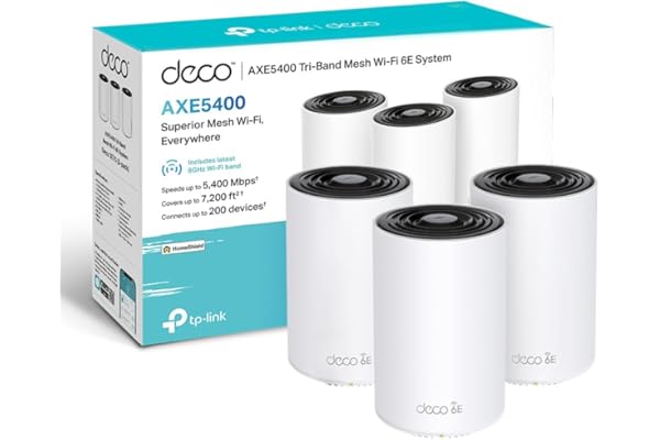 TP-Link Deco WiFi 6E Mesh AXE5400Mbps Deco XE75(3-Pack), Routeur et répéteur tri-Bande, Couverture jusqu'à 670 m², WPA3, idéal pour Grandes Maisons, Compatible avec Amazon Alexa, 9 Ports Gigabit