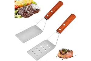 YANJINGHE SDFSA 2 Piezas Espátula Parrilla Barbacoa, Espátula para Barbacoa, Espátula para Hamburguesas, Acero Inoxidable Perforado Juego de Espátulas Parrilla con Mango Madera para Barbacoa, Bistec, Pizza