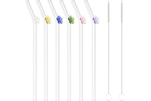 Bigqin 6 Piezas Pajitas Reutilizables con 2 Cepillo Limpiador, Flores Pegajosas Pajitas Cristal Dobladas Popotes para Batidos Bebidas Jugos Refrescos Calientes Frías Cócteles Café