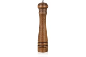 1 Piece Pepper Mill, Haomacro 10 inch Wood Salt Mill Pepper Shaker, Manual Pepper Grinder, Salt Shakers with Adjustable Ceramic Rotor - Refillable Oak Wood Pepper Grinder for Your Kitchen