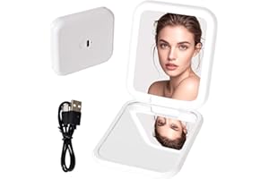 COLEXY Espejo Maquillaje con Luz LED,Espejo de Bolsillo Compacto Iluminado para Maquillaje,Recargable Espejo de Viaje,Espejo Cosmético Pequeño con Aumento de 1X/2X Portátil para Bolsos y Viajar (Blanco)