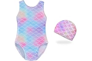 VQEOEOT Costume da Bagno per Ragazze, Costume Piscina Bambina con cuffia da nuoto,Costume Intero Bambina Sirena, Bikini da Spiaggia Ragazze, Estivo Senza Manica Costume da Bagno per Spiaggia Estate, 110
